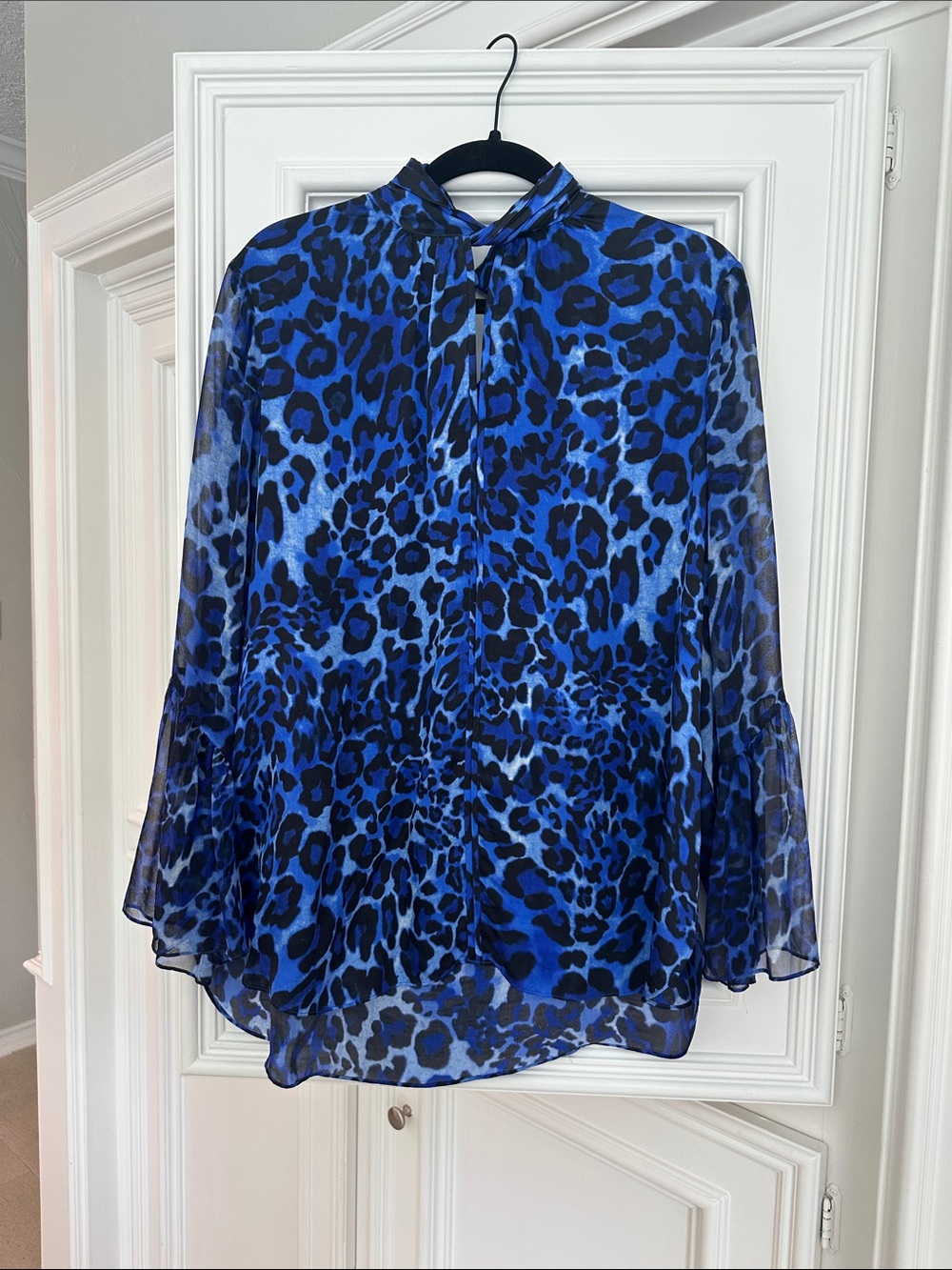 Elie Tahari Blue and Black Leopard-Print Long-Sleeve Blouse